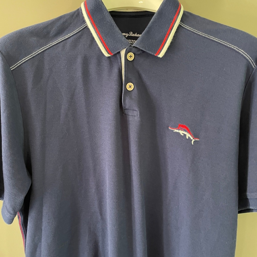Tommy Bahama IslandZone Polo Shirt Mens Medium Navy Blue Pima Cotton Marlin